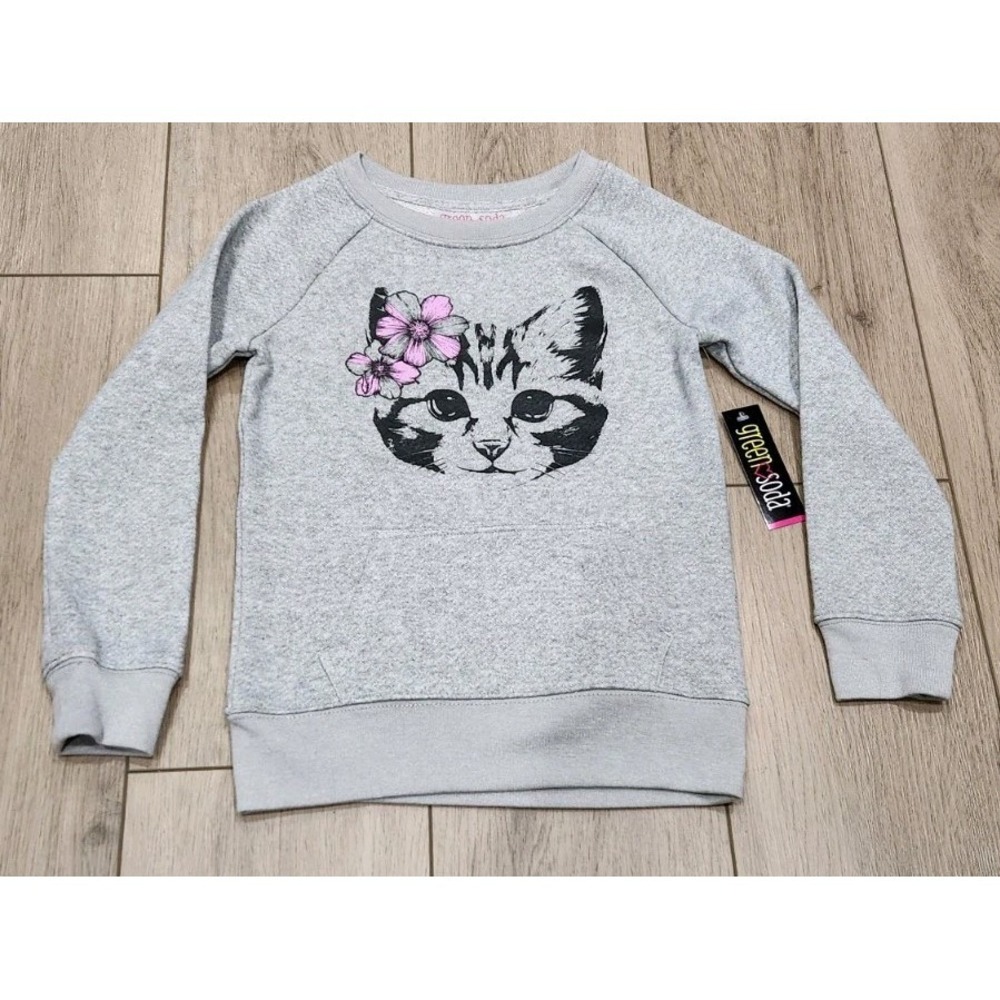 Cat Sweatshirt with Pockets Gray Girls Size XS (4/5) Green Soda Label‎